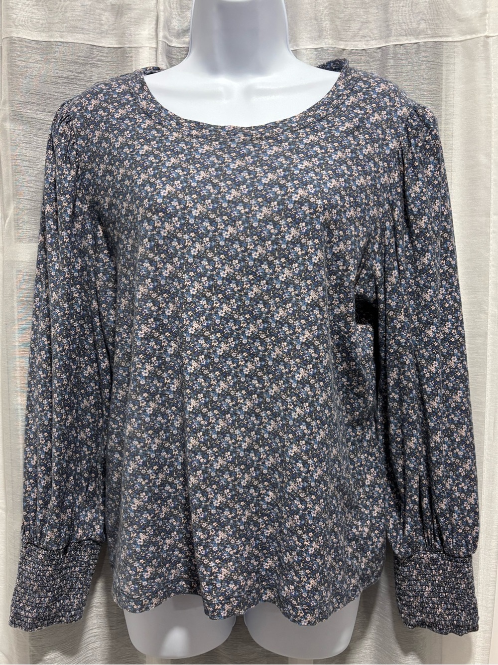 Nation LTD Loren Tee Blue Floral Pima Cotton Puff Long Sleeve Smocked Cuff Large
